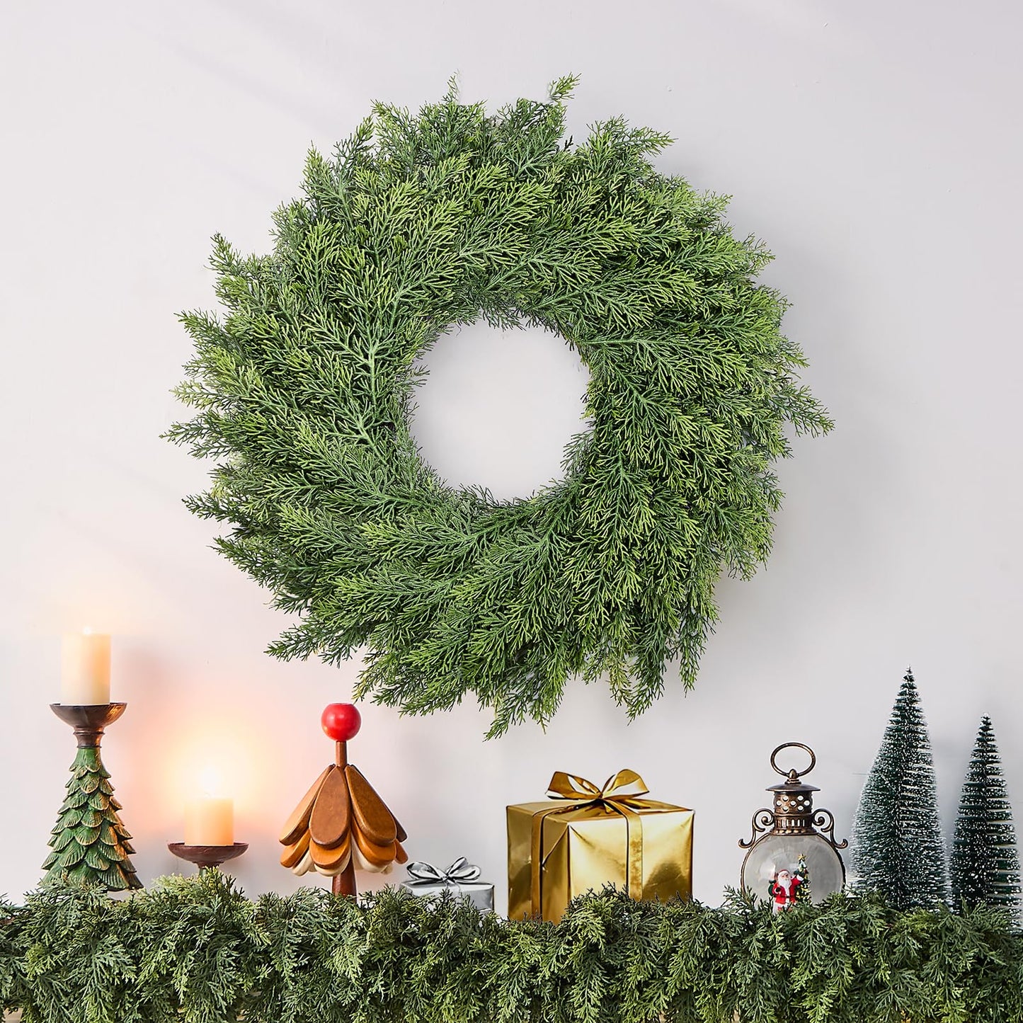 MEUIS Real Touch Cedar Wreath - 22 Inch Outdoor Traditional Artificial Greenery Wreath for Front Door Windows Indoor Weatherproof Holiday Decor