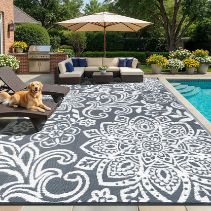 Findosom Waterproof Outdoor Rug 9' x 18' - Reversible Mandala Outdoor Plastic Straw Rug, Durable Foldable Patio Rug for RV, Deck, Balcony, Backyard, Picnic, Porch, Camping, Beach, Gray