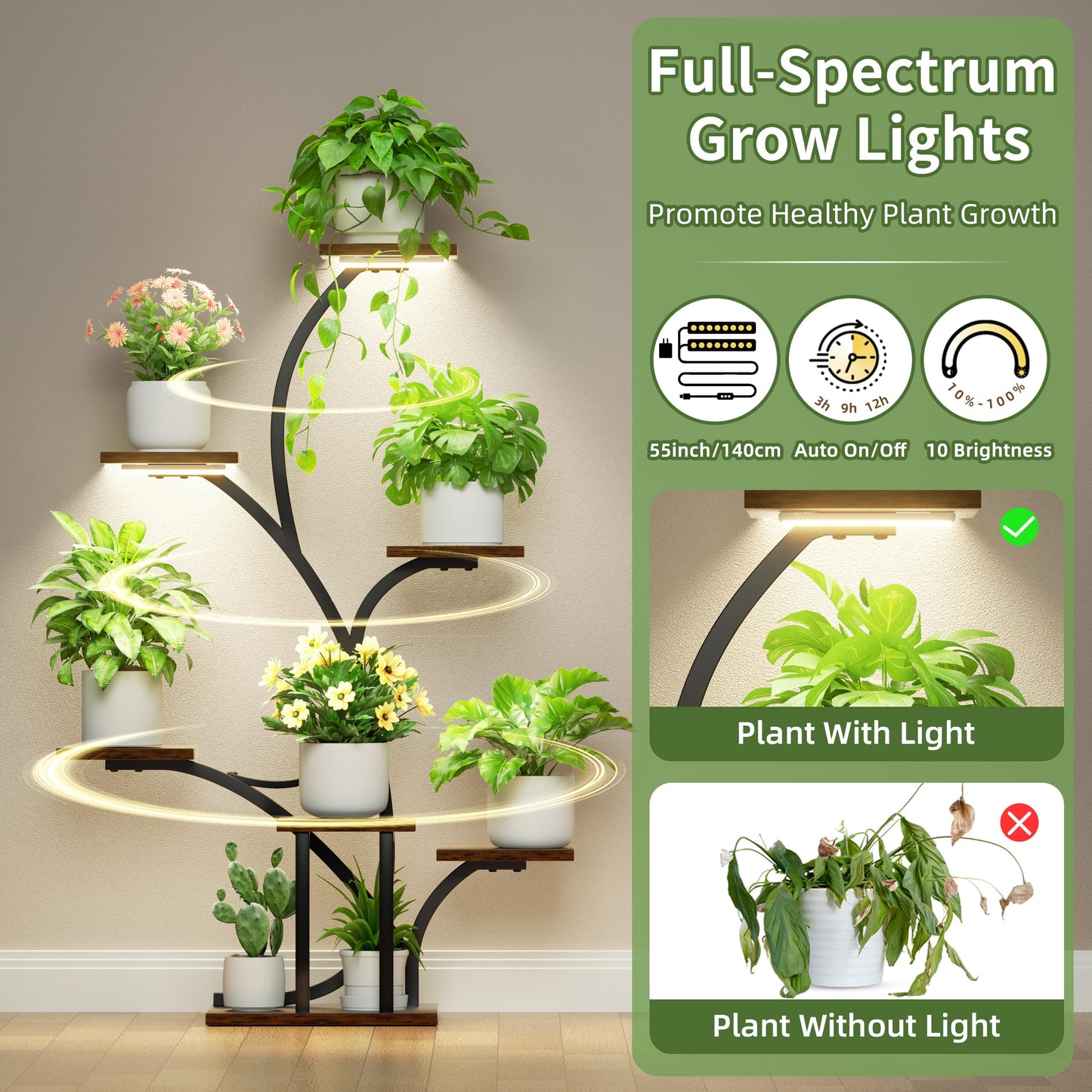 Plant Stand Indoor with Grow Lights - 2 Pack Plant Shelf, 7 Tier Lighted Corner Plant Stands for Indoor Growing, 40" Metal Flower Holder, Tree-Shaped Display Shelves with Adjustable Light, Black