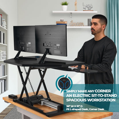 VERSADESK PowerPro 36" Corner Standing Desk Converter, 36 Inch Motorized Height-Adjustable Standup Desk Riser Sit to Stand Desktop with Keyboard and Mouse Tray + USB Charging Port, Black