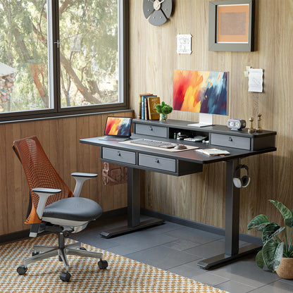 TIQLAB 55 * 28 Inch Standing Desk with Four Drawers, Electric Sit Stand Table, Stand Up Desk Adjustable Height with Storage Shelf, Splice Board, Black