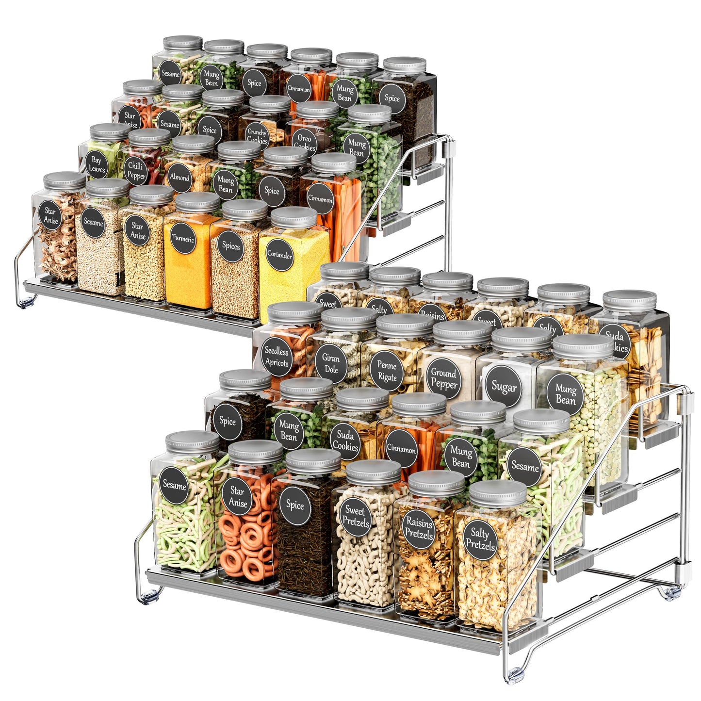 BOIVSHI Heavy Duty Spice Rack for Cabinet, Space Saving 4 Tier Spice Organization for Cabinet, Adjustable Depth Spice Shelf for Cabinet, Counter, Pantry - Chrome, 2 Pack
