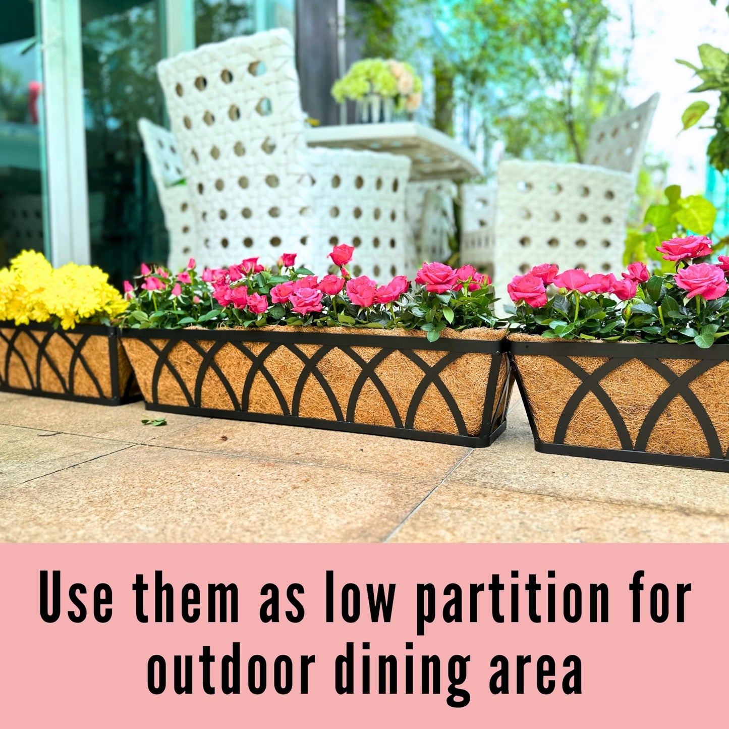 LaLaGreen Wall Planters (2 Pack, 36 Inch) Black Metal Rectangular Hanging Window Planter Box with Coco Liner Attach House Outdoor, Flower Basket Plant Holder Deck Railing Patio Porch Balcony Fence