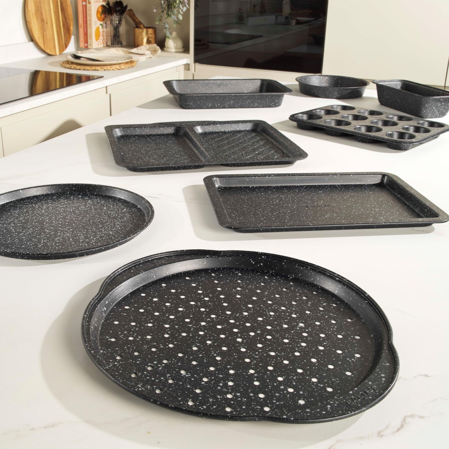 Salter COMBO-8261 Baking Tray Set of 2, Non-Stick Carbon Steel Oven Sheet, Easy Clean, Strong & Durable, Long Lasting, PFOA-Free, Megastone Collection, Black/Silver, 37 cm