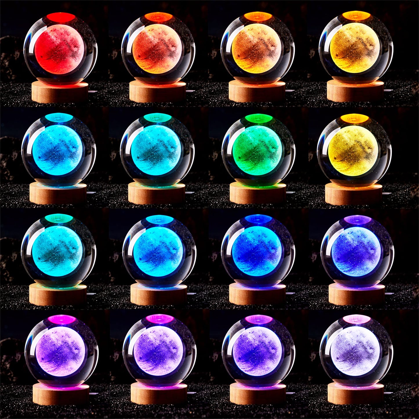 3D Moon Crystal Ball Lamp,3.15 inch Crystal Ball Night Light with Wooden Base,16 Colors Changing Light,Dimmable Remote Control,Desk lamp (F)
