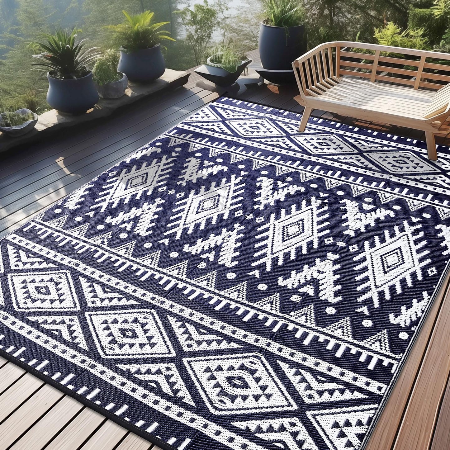 OLANLY Outdoor Rug Waterproof 9x18 ft, Reversible Outdoor Plastic Straw Rug, Boho Patio Rug, Indoor Outdoor Carpet, RV Mat Outside for Patio, Camp, Picnic, Balcony, Deck, Backyard, Navy & White