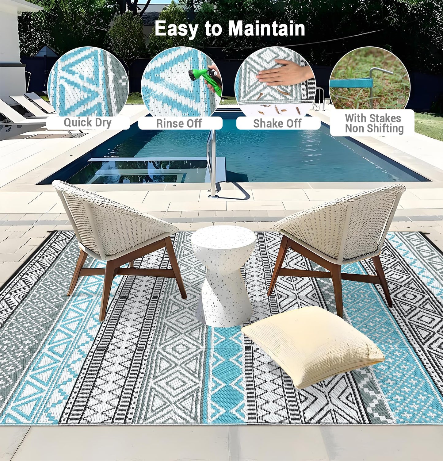 COZYLOOM Outdoor Rug for Patio 9x18 ft Waterproof Clearance, Reversible Indoor Outdoor Plastic Straw Camping Rug Carpet, RV Mat, Large Area Rug for Deck, Backyard, Balcony, Porch, Beach, Blue/Grey
