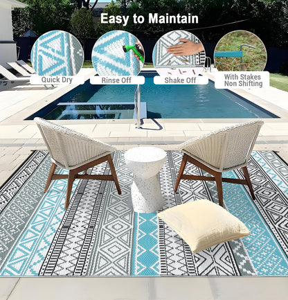 COZYLOOM Outdoor Rug for Patio 9x18 ft Waterproof Clearance, Reversible Indoor Outdoor Plastic Straw Camping Rug Carpet, RV Mat, Large Area Rug for Deck, Backyard, Balcony, Porch, Beach, Blue/Grey