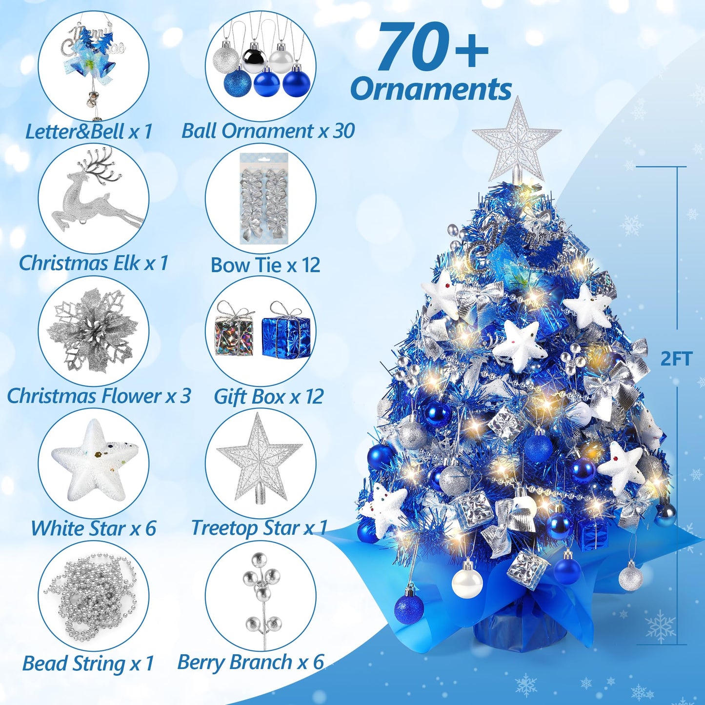 2FT Mini Christmas Tree, Blue Tabletop Christmas Tree, Prelit Small Christmas Trees with 60 LED Lights, 100 Lifelike Branches, 73 Ornaments, Artificial Xmas Tree for Home Indoor Decor