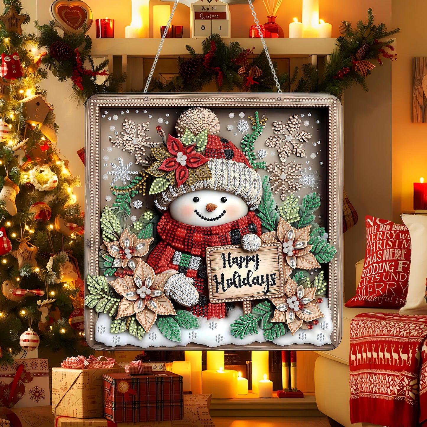 DIY Acrylic Diamond Art Painting Wreath Kits Special Shaped Rhinestone 5D Diamond Art Window Pendants Home Garden Wall Hanging Kits Hanging Ornament，Double Sided(Christmas Snowman-1)