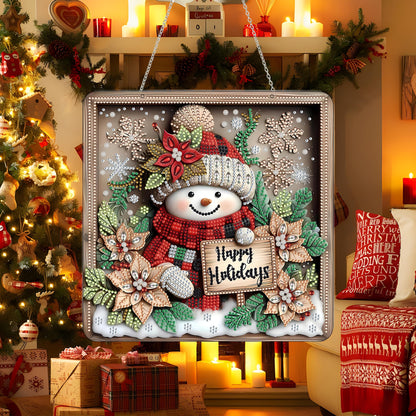 DIY Acrylic Diamond Art Painting Wreath Kits Special Shaped Rhinestone 5D Diamond Art Window Pendants Home Garden Wall Hanging Kits Hanging Ornament，Double Sided(Christmas Snowman-1)
