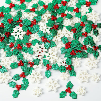 JUNEBRUSHS 120Pcs Miniature Resin Christmas Decorations, Mini Resin Snowflake Holly Leave Berries, Christmas Embellishment for Xmas DIY Craft Wreath Tree Home Table Decor Floating Vase Filler