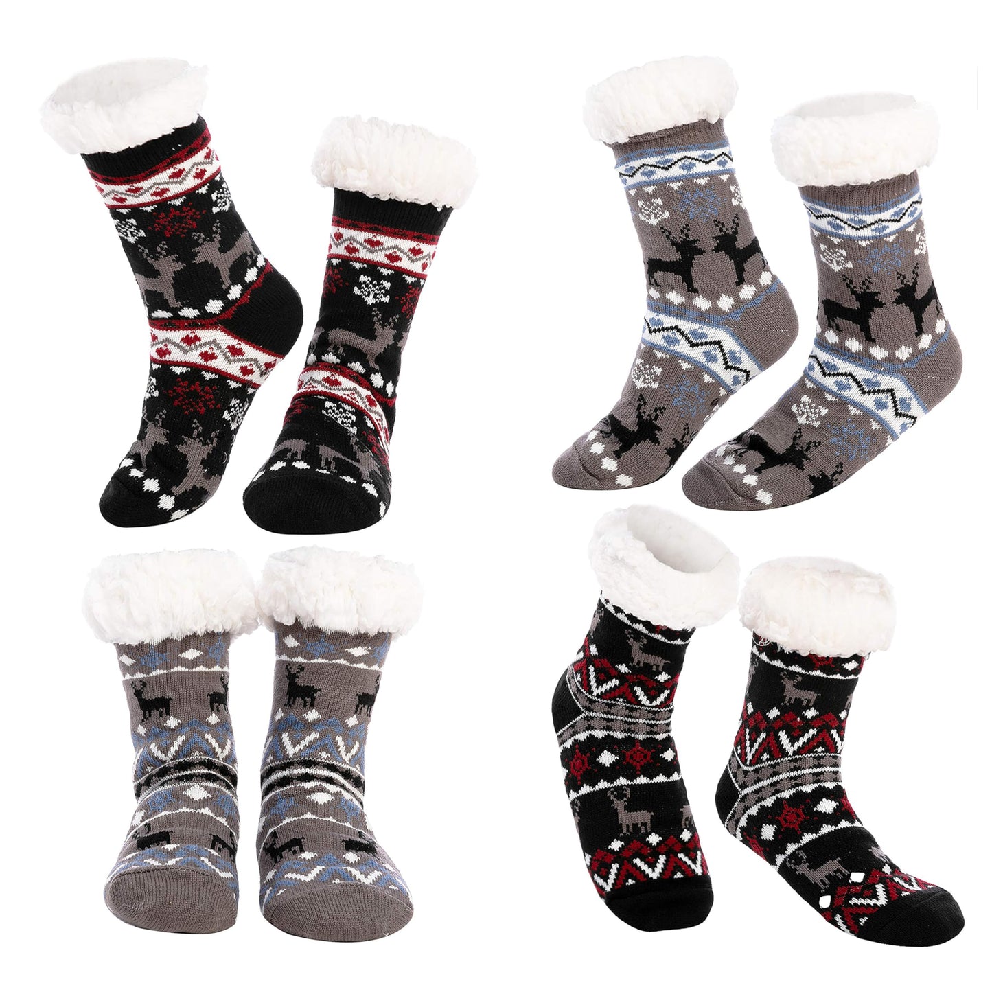 JOYIN 4 PCS Christmas Fuzzy Socks for Men, Soft Crew Socks Deer Patterns for Winter Christmas, Holiday or Birthday Gift