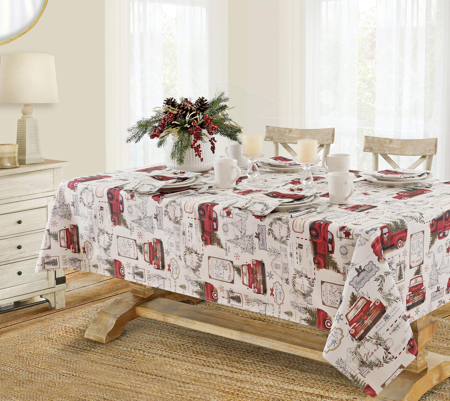 Newbridge Christmas Pine Hill Tree Farm Fresh Red Truck 72 Inch Long Table Runner, Nostalgic Retro Holiday Country Farm Truck No Iron and Stain Resistant Table Runner for Party, Banquet and Buffet