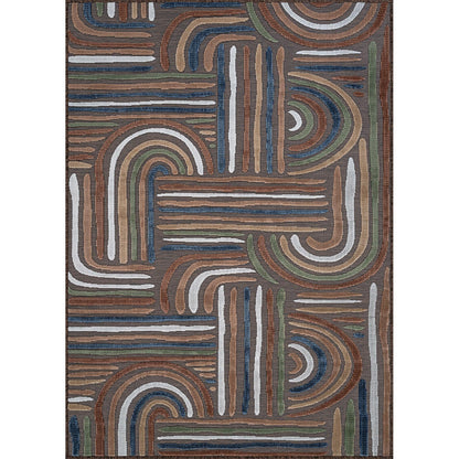 CAMILSON Indoor Outdoor Rug, Brown 5x7 Geometric Arch Striped Area Rugs for Patio and Home Areas, Easy-Cleaning Non-Shedding Living Room, Garden and Deck Washable Outside Carpet (5 x 7)