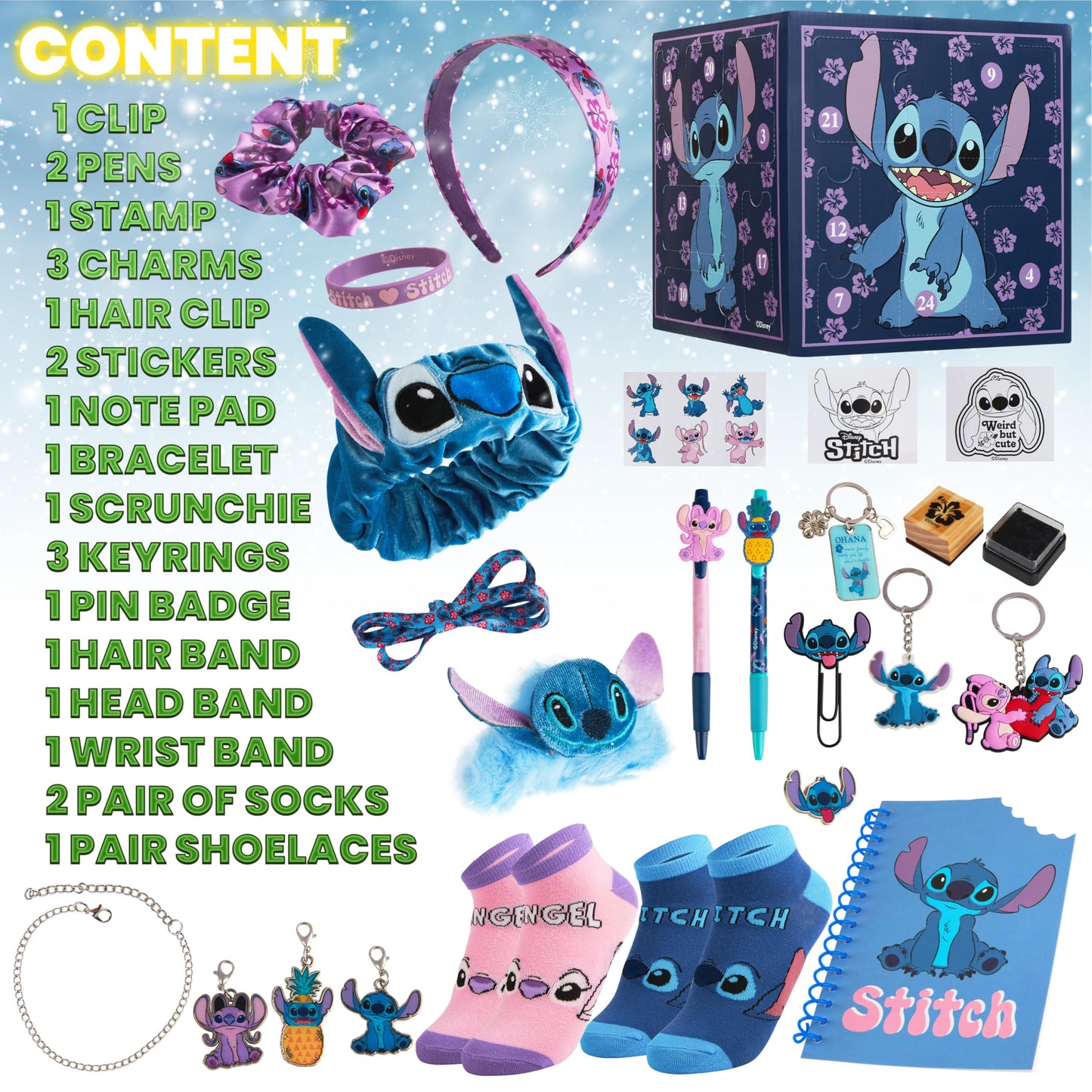 Disney Stitch Advent Calendar 2025 Stationery and Accessories Christmas Countdown Calendar with Necklace Keyring Pen Snap Bracelets Stamps (Purple Stitch Cube)
