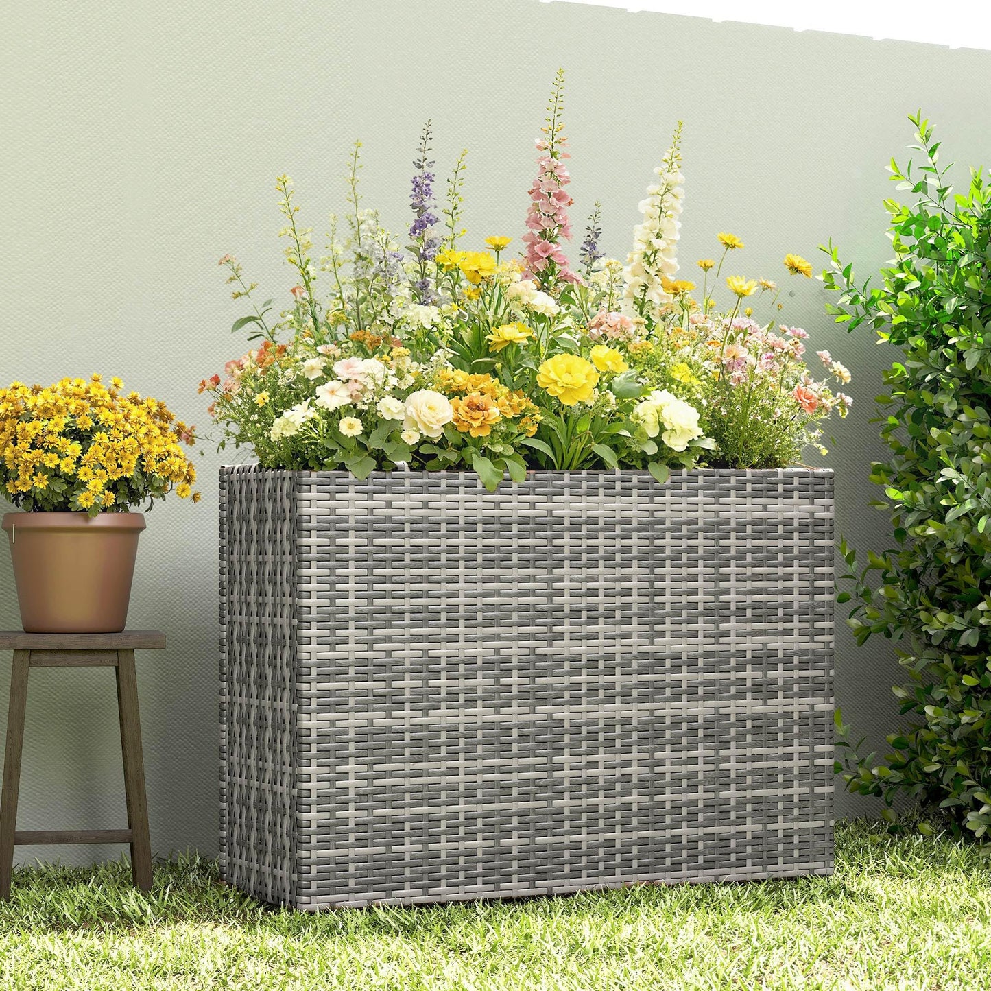 Outsunny Tall Rectangular Planter with Removable Liner, PE Wicker Large Planters for Outdoor Plants, Freestanding Indoor Outdoor Planter Box with Drainage Holes for Flowers, Vegetables, Gray