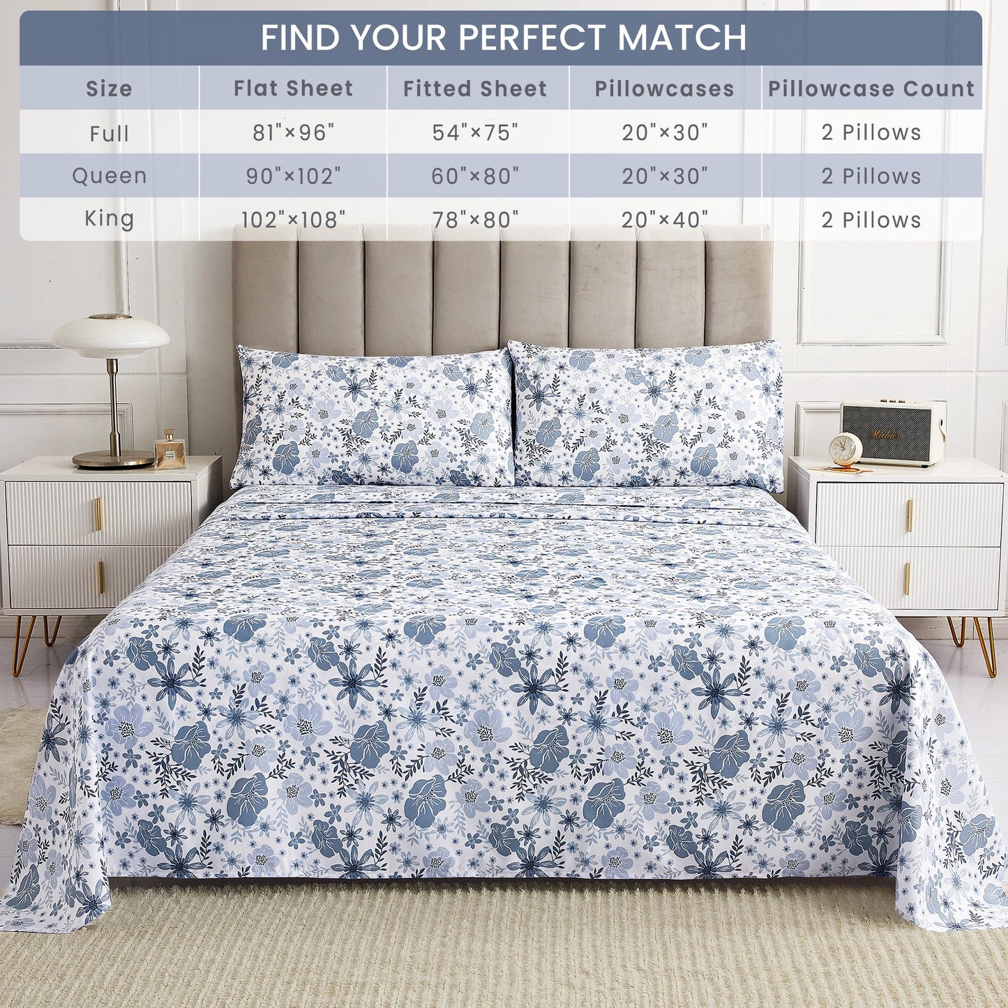 Mooreeke King Size Sheets Set - 4 Piece Soft Breathable Microfiber Bed Sheet Set - Blue & White Flower Pattern Sheet Set King - Deep Pocket Non-Slip Floral Fitted Sheet Included for All Season