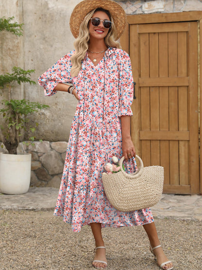 ANRABESS Women's Boho Maxi Dresses 2025 Summer Casual V Neck Puff Sleeve Floral Tiered Flowy Swing Beach Vacation Long Dress