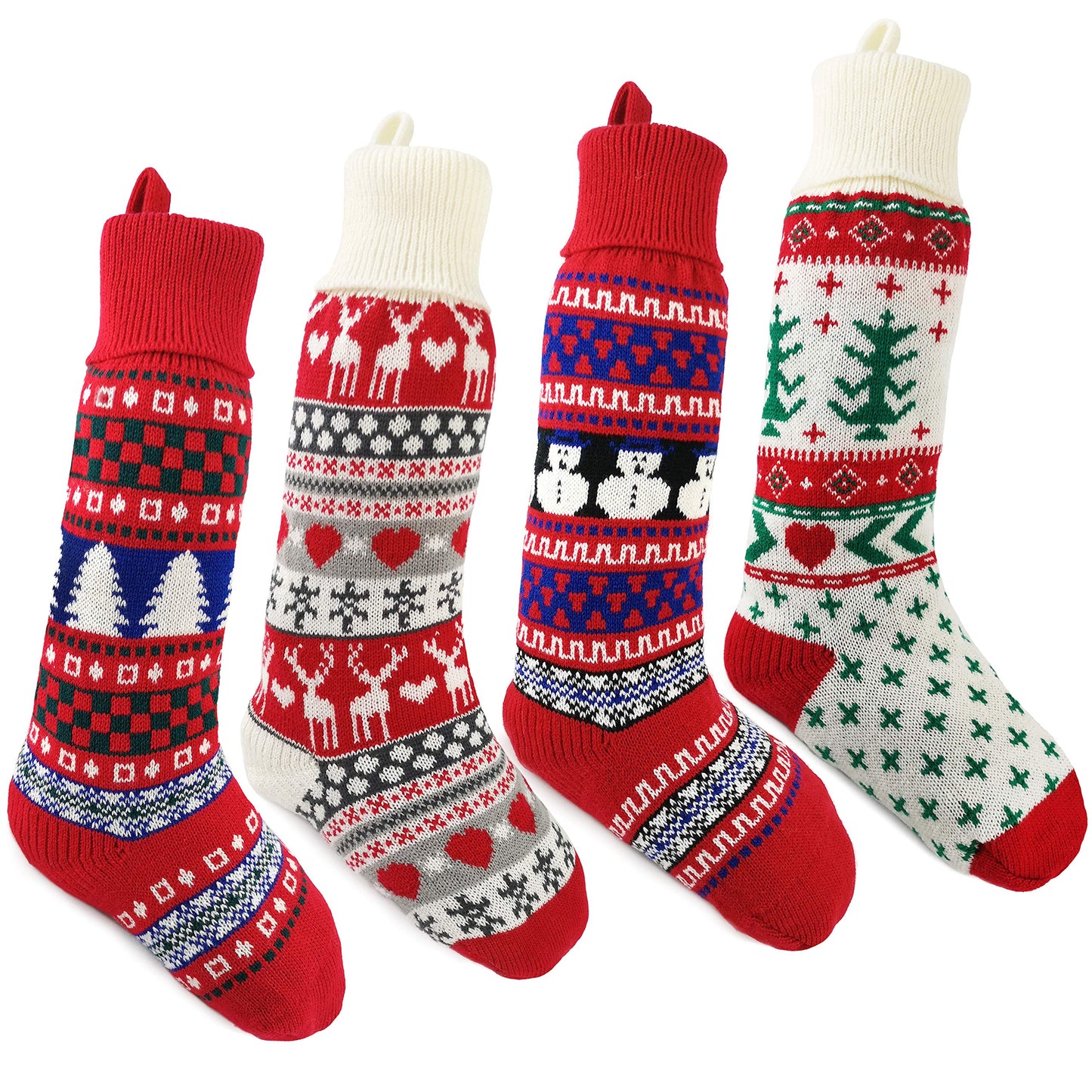Bstaofy Set of 4 20'' Extra Long Knitted Christmas Stockings Stretchable Handmade Woven Snowflakes and Reindeer Assorted Xmas Tree Hanging Decorations