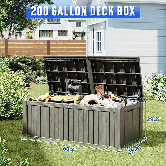 Outdoor Storage Box, Resin Deck Boxes Indoor and outdoor, Waterproof Storage Box Lockable Lid (Grey,200 Gallon)