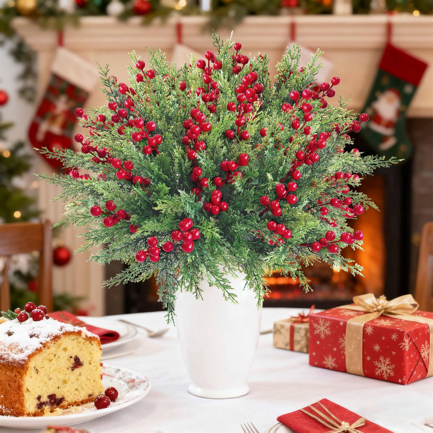 4 Bundles 84 Pcs Christmas Artificial Flowers,Faux Norfolk Pine Branches with Artificial Red Berry Sprigs,Perfect for Christmas Garland and Christmas Table Decorations,Winter Decor,Christmas Picks