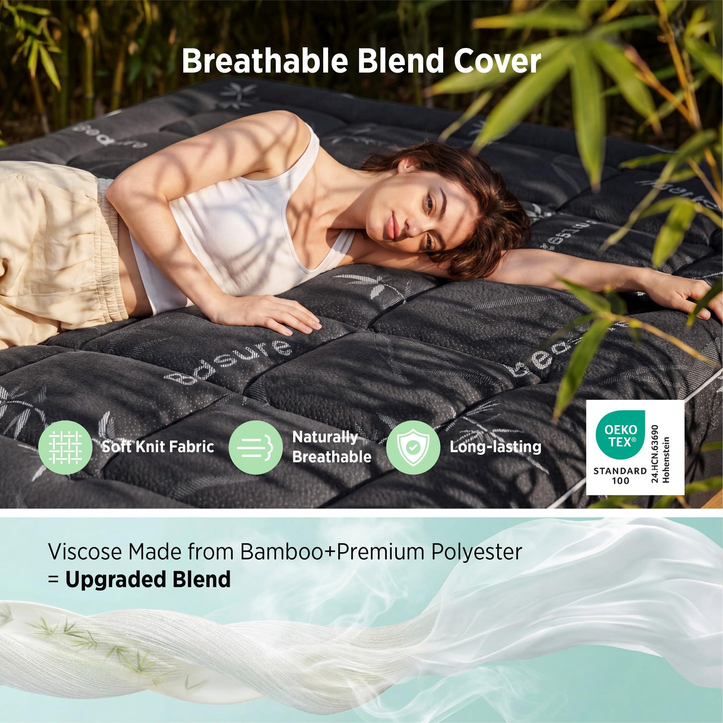 Bedsure Dual-Layer 5 Inch Memory Foam Mattress Topper King, 3 Inch Memory Foam + 2 Inch Viscose Made from Bamboo Mattress Topper Pad Cover, Breathable & Pressure Relief, Black