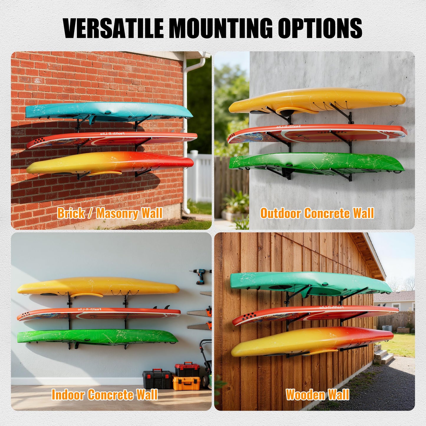 NIMBLERACK Kayak Wall Mount Rack, 45.3" Heavy Duty Canoe Storage Brackets, Foldable Space Saving Hanger, 304 Stainless Steel for Outdoor & Indoor, Fits SUP/Paddle Board(Black, 2-Tier)
