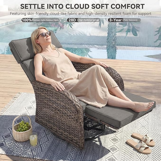 Zero Gravity Patio Swivel Rocking Recliner Chair - Wicker Outdoor Lounge Chair with Adjustable Backrest & Footrest, All Weather Reclining Rocker Chairs with Thick Cushion for Pool Deck Gray