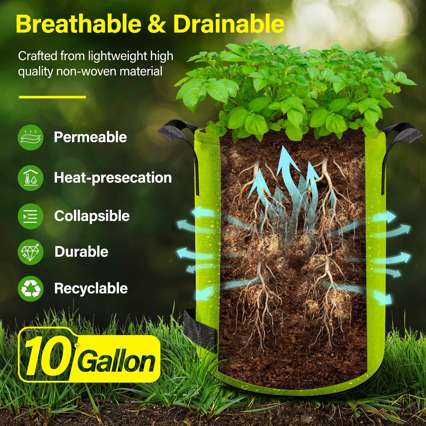Suntee 6 Pack 10 Gallon Potato Grow Bags with Flap, Thickened Nonwoven Fabric Grow Bags for Growing Potatoes, Colorful Plant Grow Bags Pots Gardening Vegetable Potato Growing Bags with Durable Handles