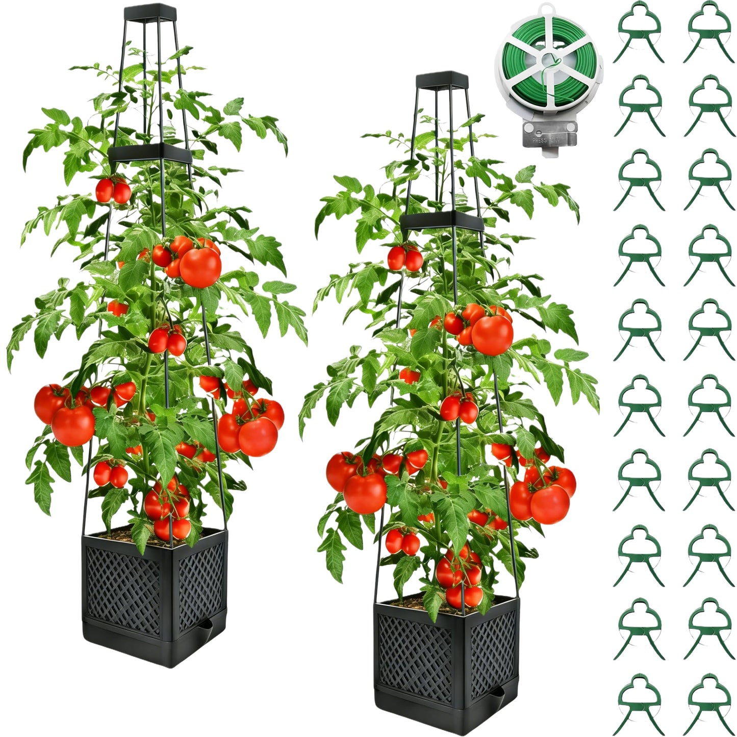 TESSTSY 2Pcs Raised Garden Bed Tomato Planter Box with Trellis, 57 Inch Self-Watering Large Tomato Cage for Patio Garden Pots, Climbing Plants Cucumber Vine Vegetables Flowers Outdoor & Indoor