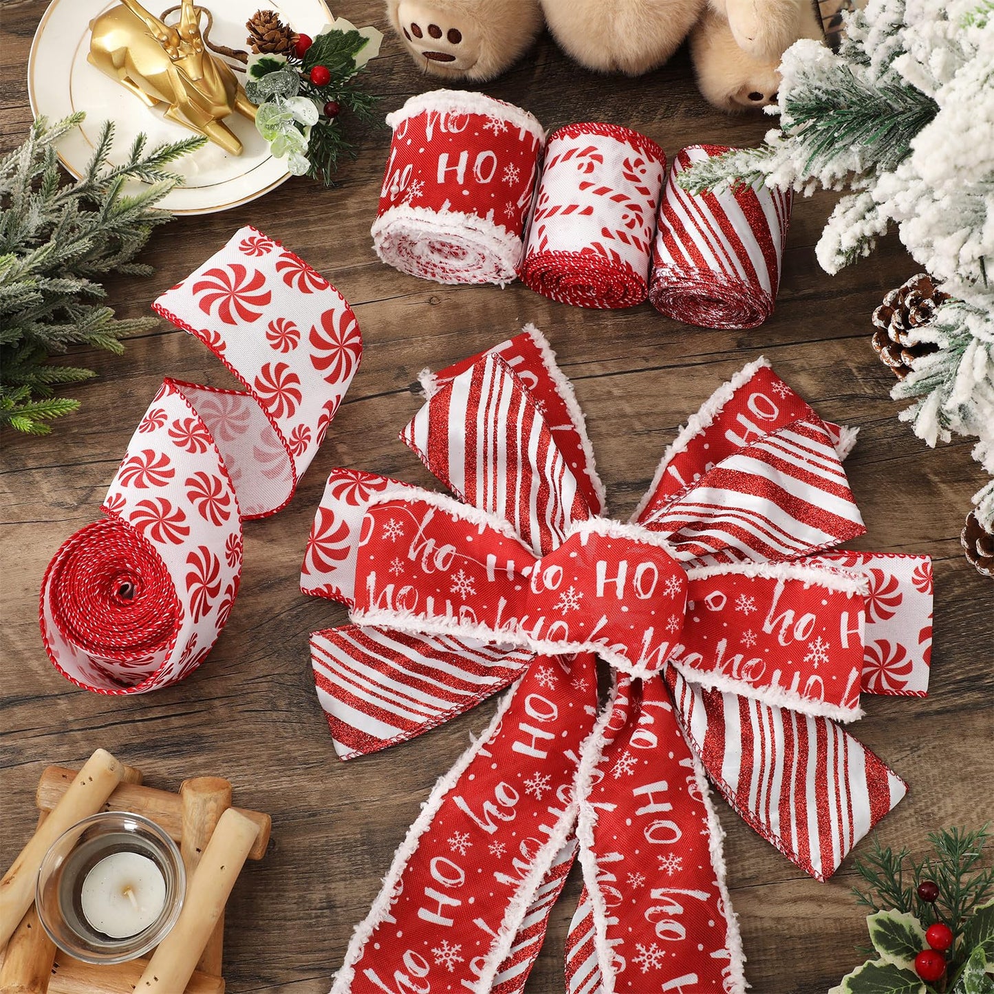 JarThenaAMCS Christmas Wired Edge Ribbon Peppermint Candy Craft Ribbons Pink White Candy Cane Stripe Fabric Ribbon for Wreath Bow DIY Wrapping Party Decor, 4 Rolls, 24 Yard