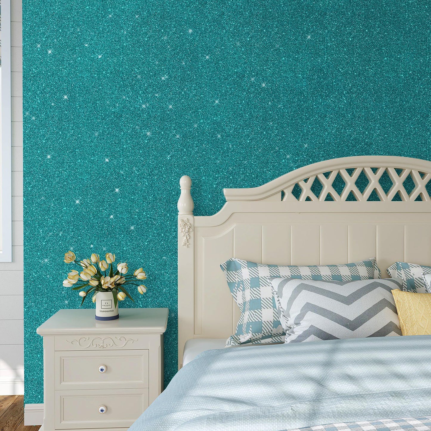 VaryPaper Teal Glitter Wallpaper Stick and Peel Decorative Glitter Contact Paper for Cabinets Craft Removable Self Adhesive Sparkle Teal Wall Paper for Girls Bedroom Accent Wall Covering 15.7''x78.7''