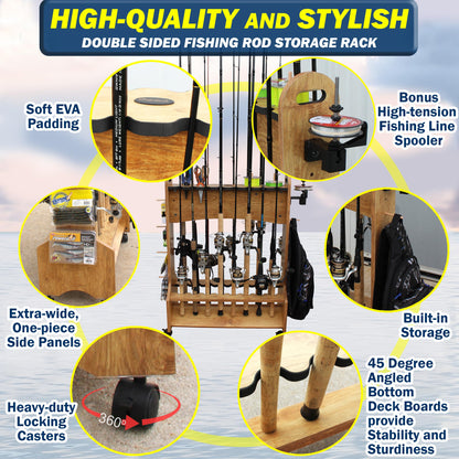 Rush Creek Creations 16-Rod Rolling Fishing Rod Rack with Line Spooler – Tackle Storage, Tool Holder, Lure & Line Organizer, Accessory Pegs – Portable Gear Station for Anglers
