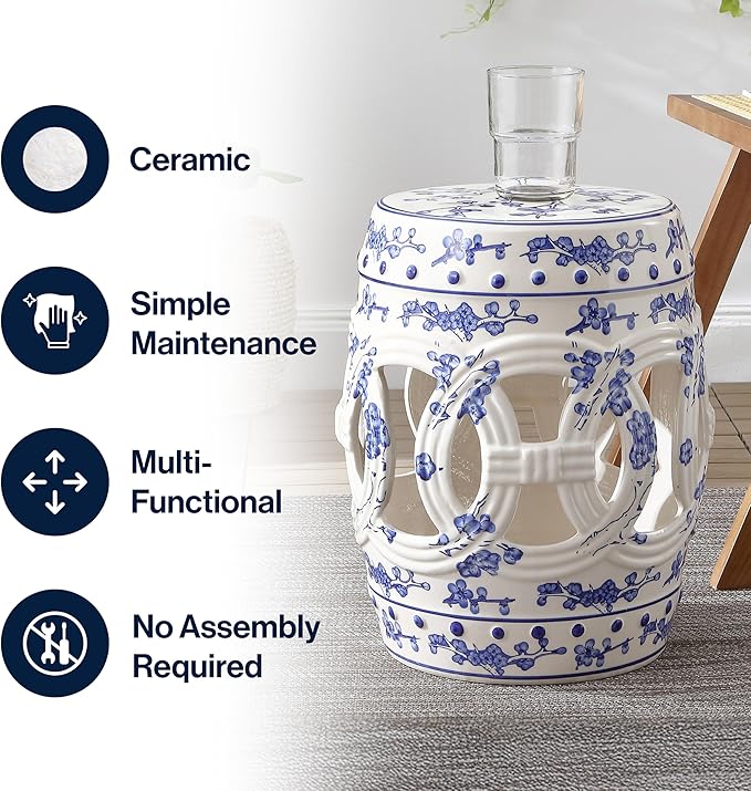 JONATHAN Y TBL1027A Lucky Coins 16" Chinese Ceramic Drum Indoor/Outdoor Garden Stool Bohemian, Coastal, Classic, Cottage, French Country, Patio, Garden Room, Bathroom, Living Room, Blue/White