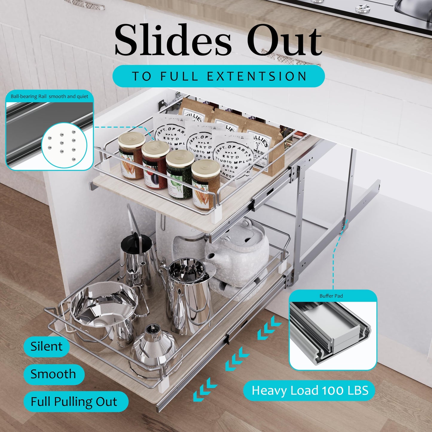 2 Tier Pull Out Cabinet Organizer 15" W X 22" D, Slide Out Drawers For Kitchen Cabinets, Pull Out Drawers For Cabinets Capacity Heavy Duty Caddy, Cabinet Pullout Shelves Wood Chrome, Pantry Storage
