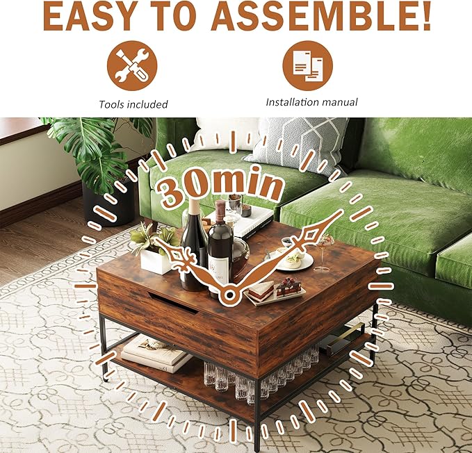 Farmhouse Coffee Table with Hidden Storage 32 in, Square Wood Living Room
