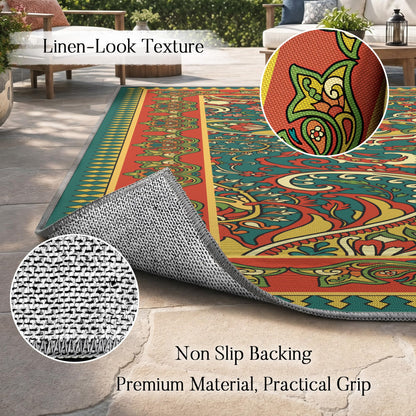 Arenarug Paisley Outdoor Rug Waterproof 6x9, UV Resistant Non Slip Patio Rug, Indoor Outdoor Boho Camping Rug Linen-Look RV Carpet for Deck Balcony Backyard, Terracotta