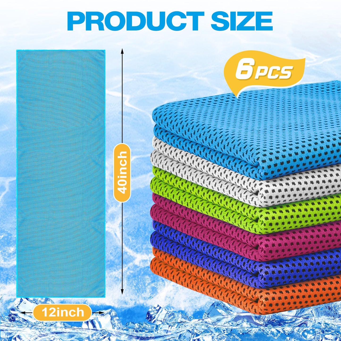 MENOLY 6 Pack Cooling Towels, 40"x12" Cooling Towels for Neck and Face with Breathable Carrying Bags,Soft Microfiber Instant Cooling Rags, Gym Workout Sweat Towel for Sports, Yoga, Camping, Running