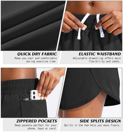 Soothfeel Womens Running Shorts with Zipper Pockets High Waisted Athletic Gym Workout Shorts for Women with Liner Black