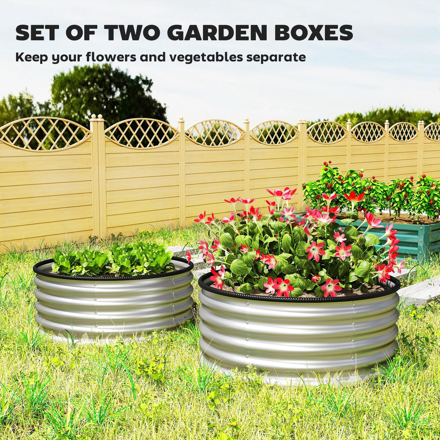 Outsunny Galvanized Raised Garden Bed Set of 2, Planters for Outdoor Plants with Safety Edging, Easy-to-Assemble Stock Tanks for Growing Flowers, Herbs and Vegetables, 3' x 3' x 1.4', Silver