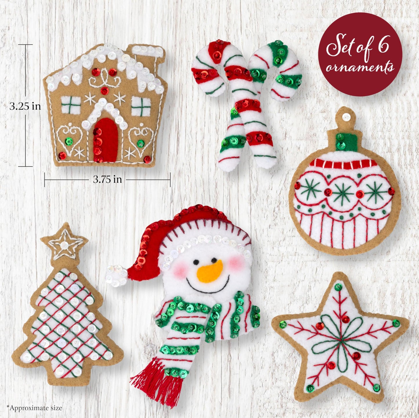Bucilla Felt Applique 6 Piece Ornament Making Kit, Jolly Gingerbread Snowman, Perfect for DIY Arts and Crafts Projects