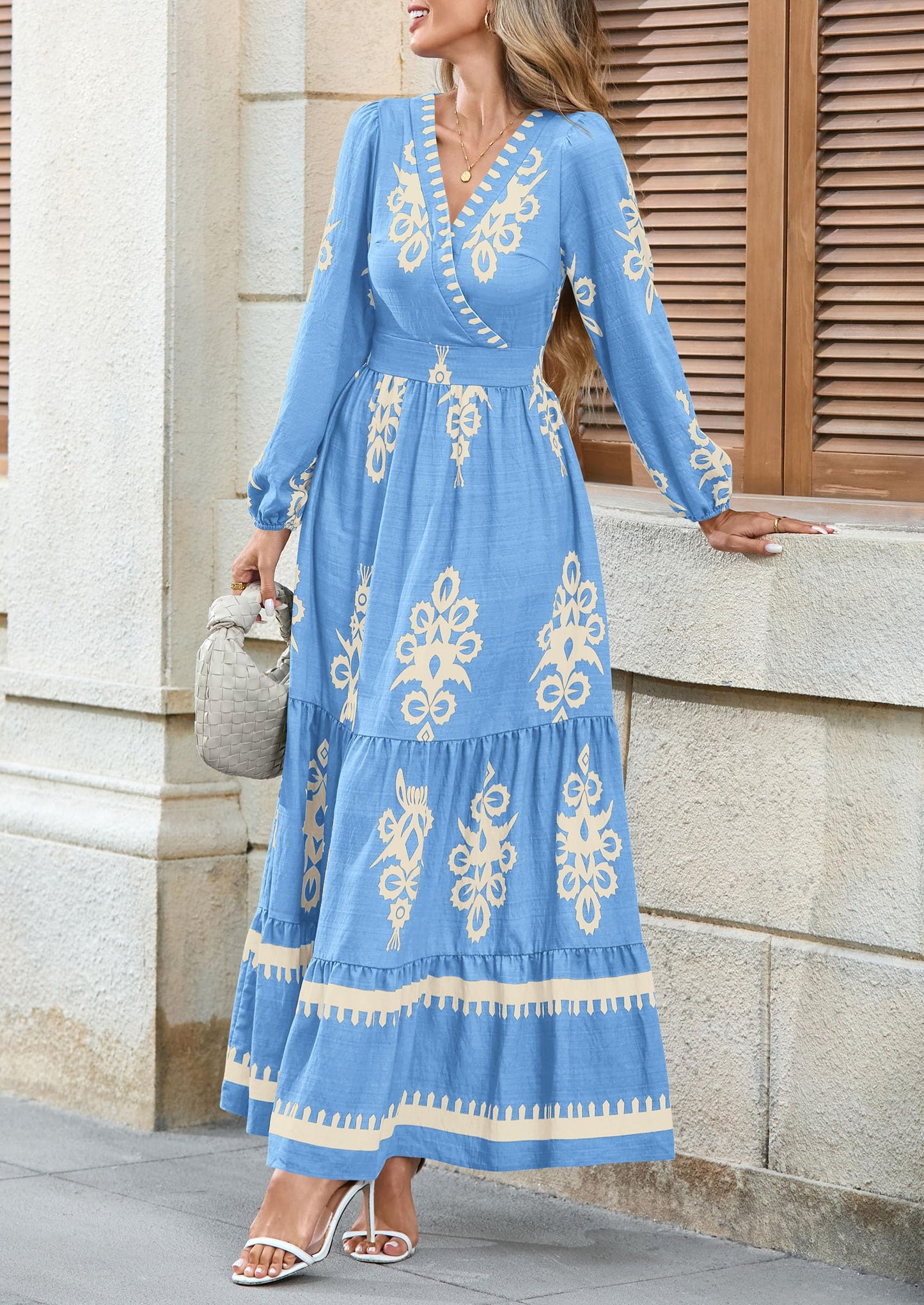 PRETTYGARDEN Women's 2025 Fall Wedding Guest Dresses Boho Floral Long Sleeve V Neck Flowy Elegant Maxi Dress Beach Clothes