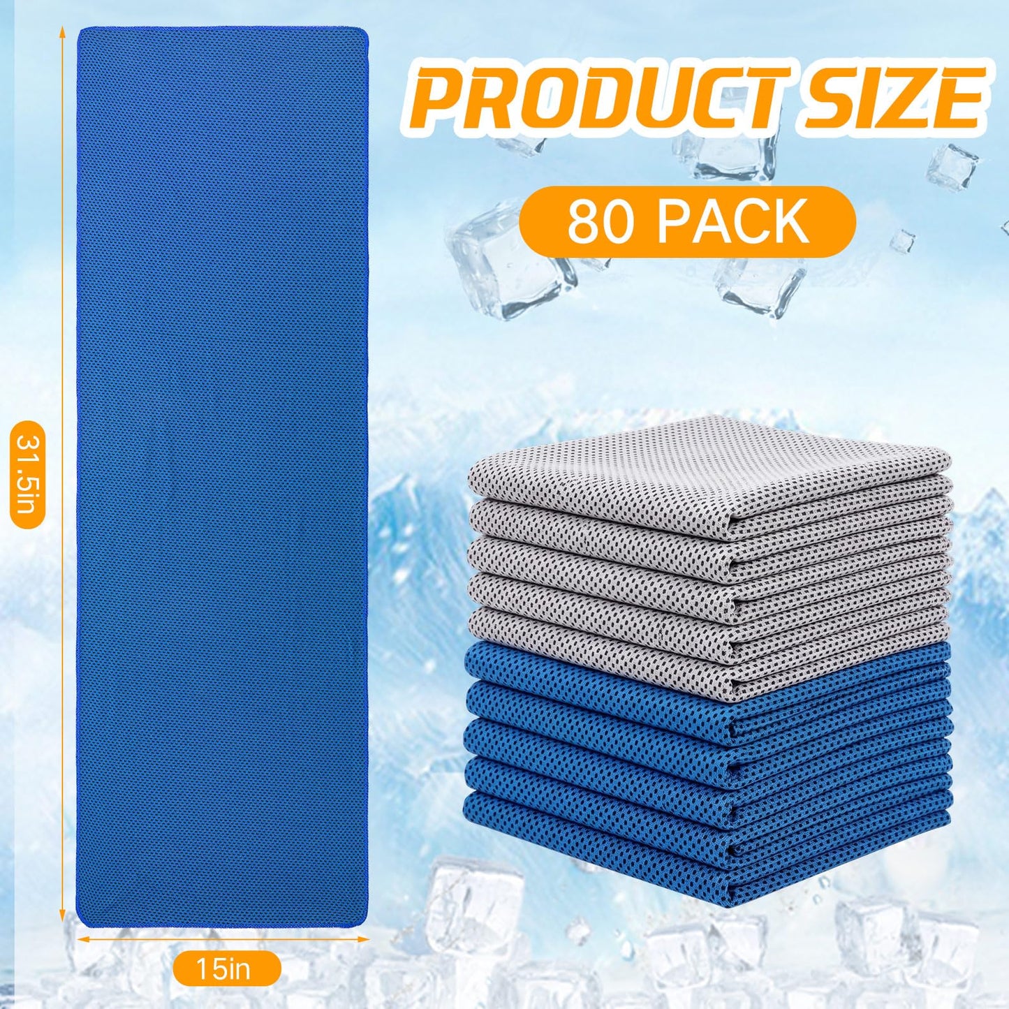 BBTO 80 Pcs 32 x 12 Inch Microfiber Cooling Towels, Ice Cold Towel for Neck and Face Breathable Chilly for Yoga, Sport, Gym, Workout, Camping and More Activities(Gray and Blue)