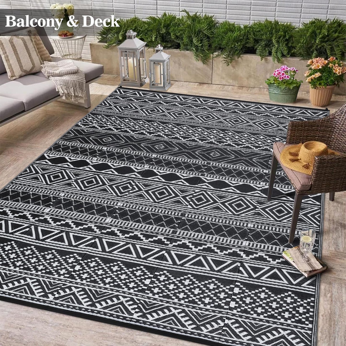 COZYLOOM Outdoor Rug 10' x 20' Waterproof for Patios Clearance, Reversible Outdoor Plastic Straw Camping Rug Carpet, Large Rugs Mats for RV, Camper, Deck, Balcony, Porch, Beach, Picnic,Black & White
