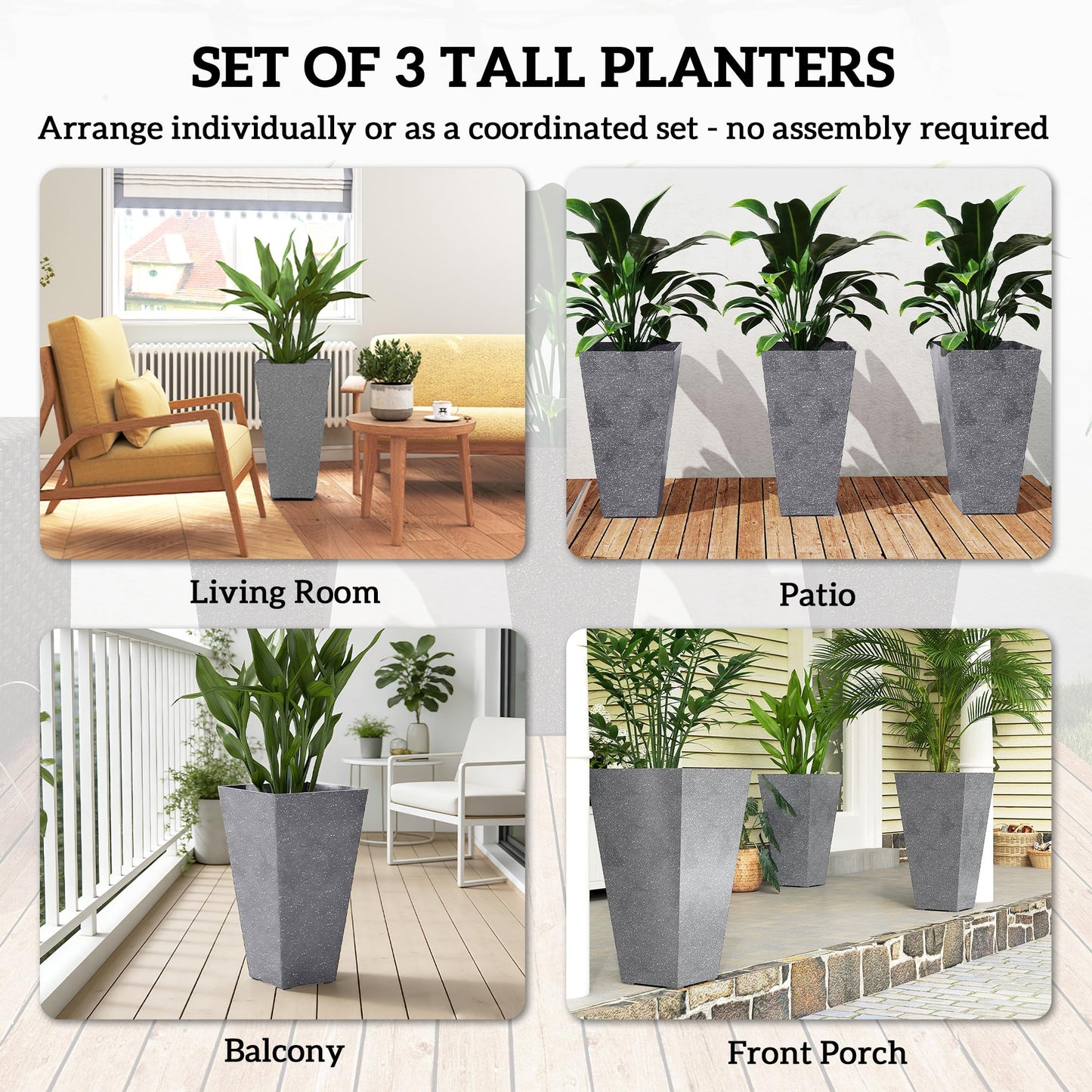 Outsunny 28 Inch Tall Planters for Outdoor Plants, Set of 3 Plastic Flower Pots with Marble Finish and Drainage Holes, Stackable Tapered Large Planters for Indoor Plants, Front Porch Decor, Gray