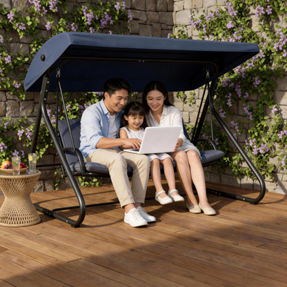 3-Seat Outdoor Convertible Swing Glider with Adjustable Canopy, 2-in-1 Bench to Flat Bed, Removable Cushions, Heavy-Duty Metal Frame, 750 LBS Weight Capacity for Patio, Backyard, Porch, Garden, Blue