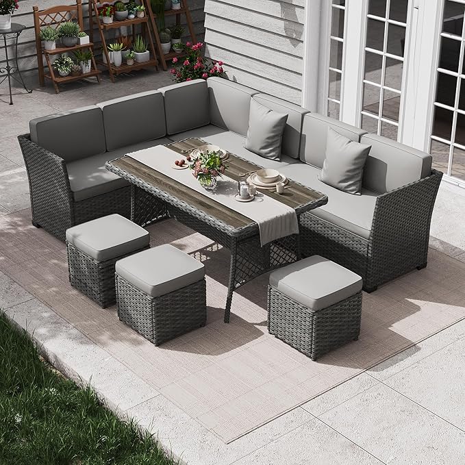 KIGOTY 7 Piece Patio Furniture Set, Outdoor PE Wicker Rattan Outdoor Dining Set