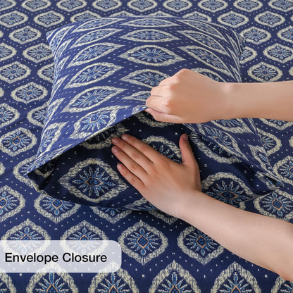 Yibeizi Navy Blue Patterned King Sheet Set Boho Printed Bed Sheets Microfiber Bedding Sheets & Pillowcases Soft 15" Extra Deep Pocket Fitted Bedsheet 4 Piece