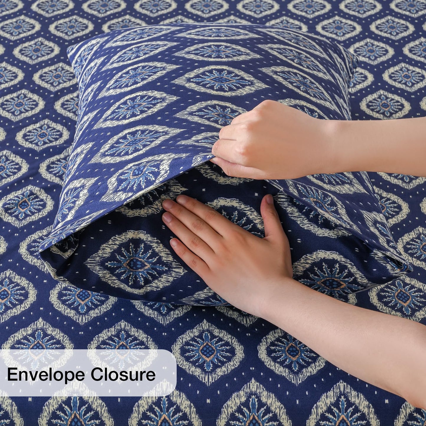 Yibeizi Navy Blue Patterned Queen Sheet Set Boho Printed Bed Sheets Microfiber Bedding Sheets & Pillowcases Soft 15" Extra Deep Pocket Fitted Bedsheet 4 Piece